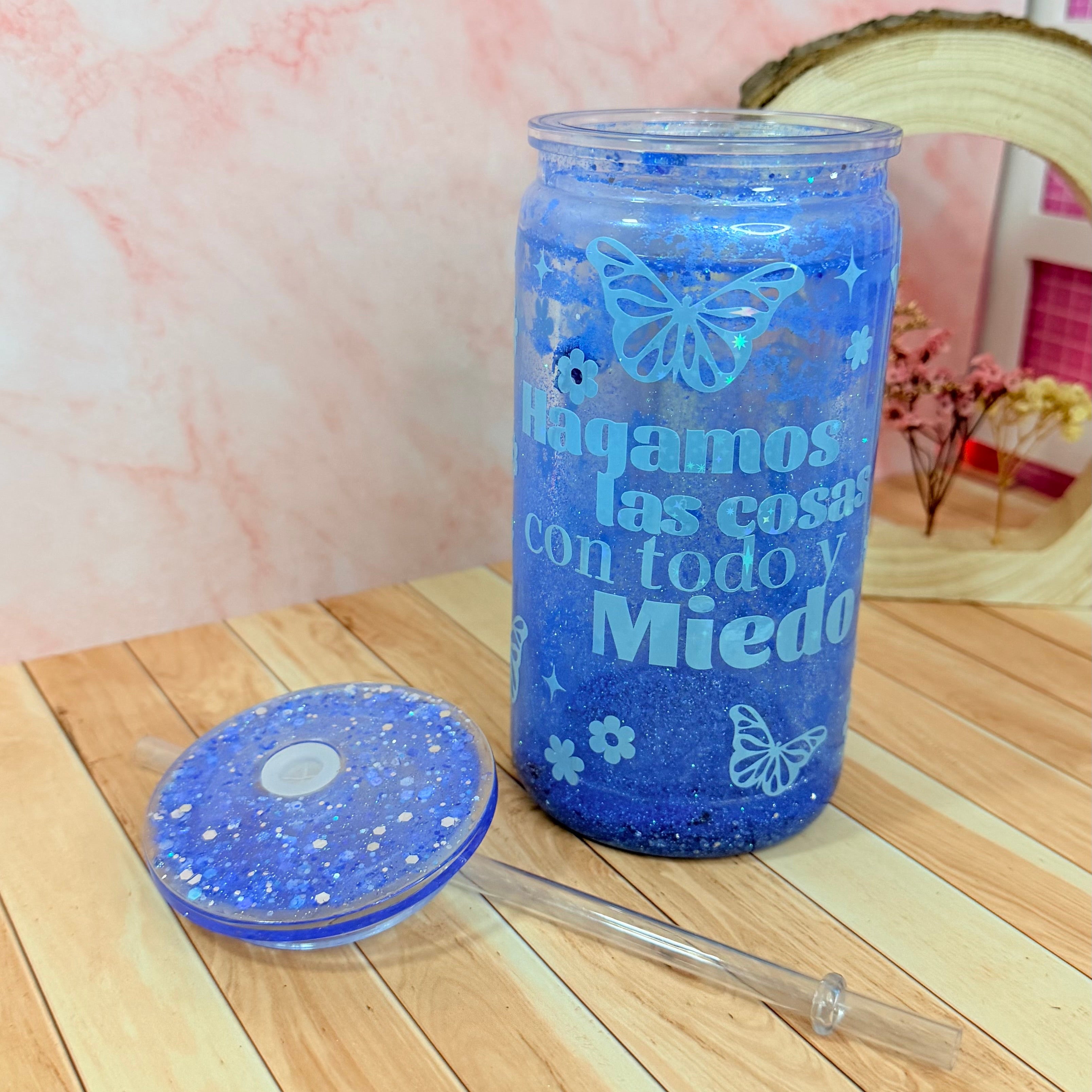 Vaso snowglobe azul “hagamos las cosas”