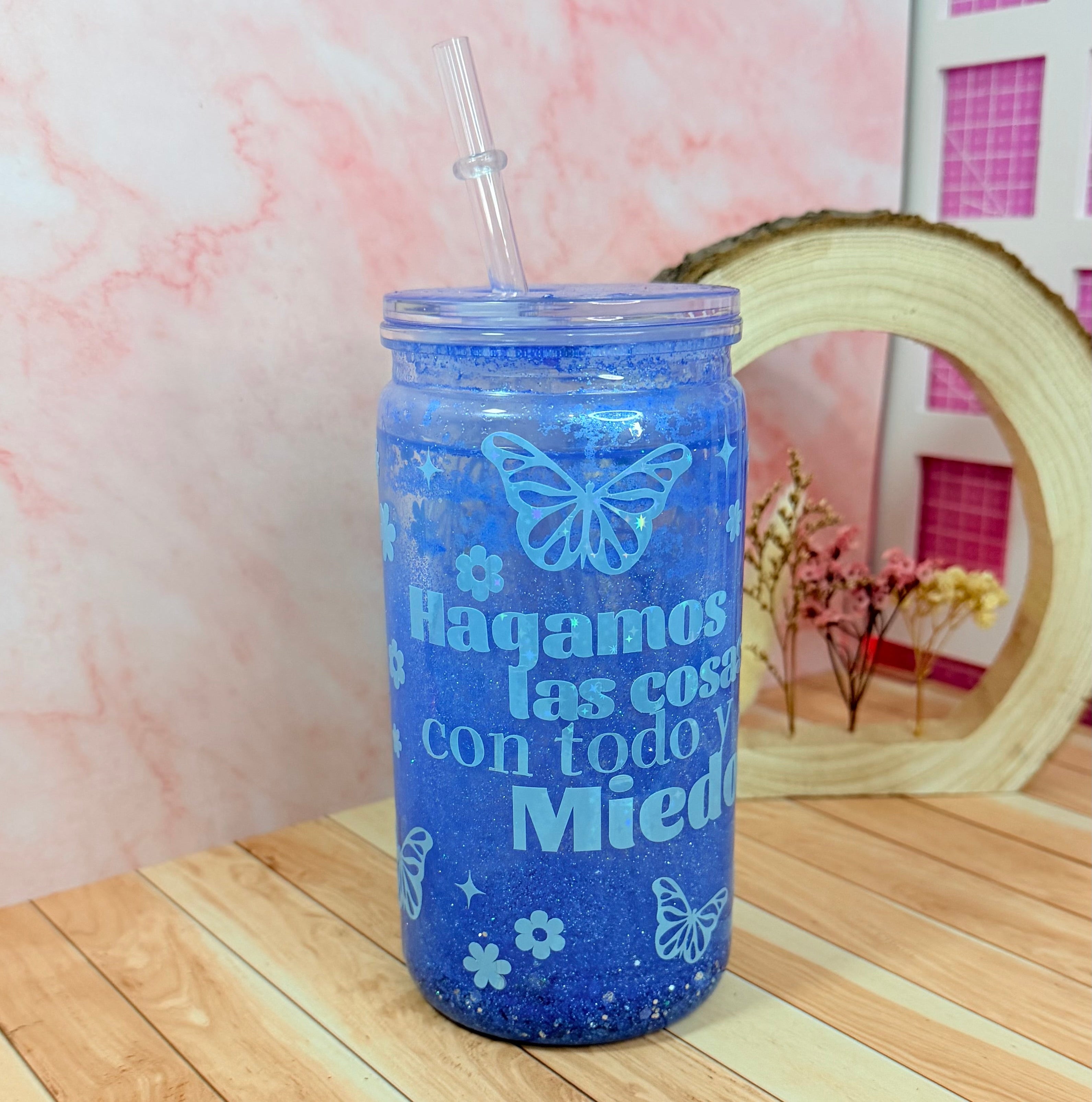 Vaso snowglobe azul “hagamos las cosas”