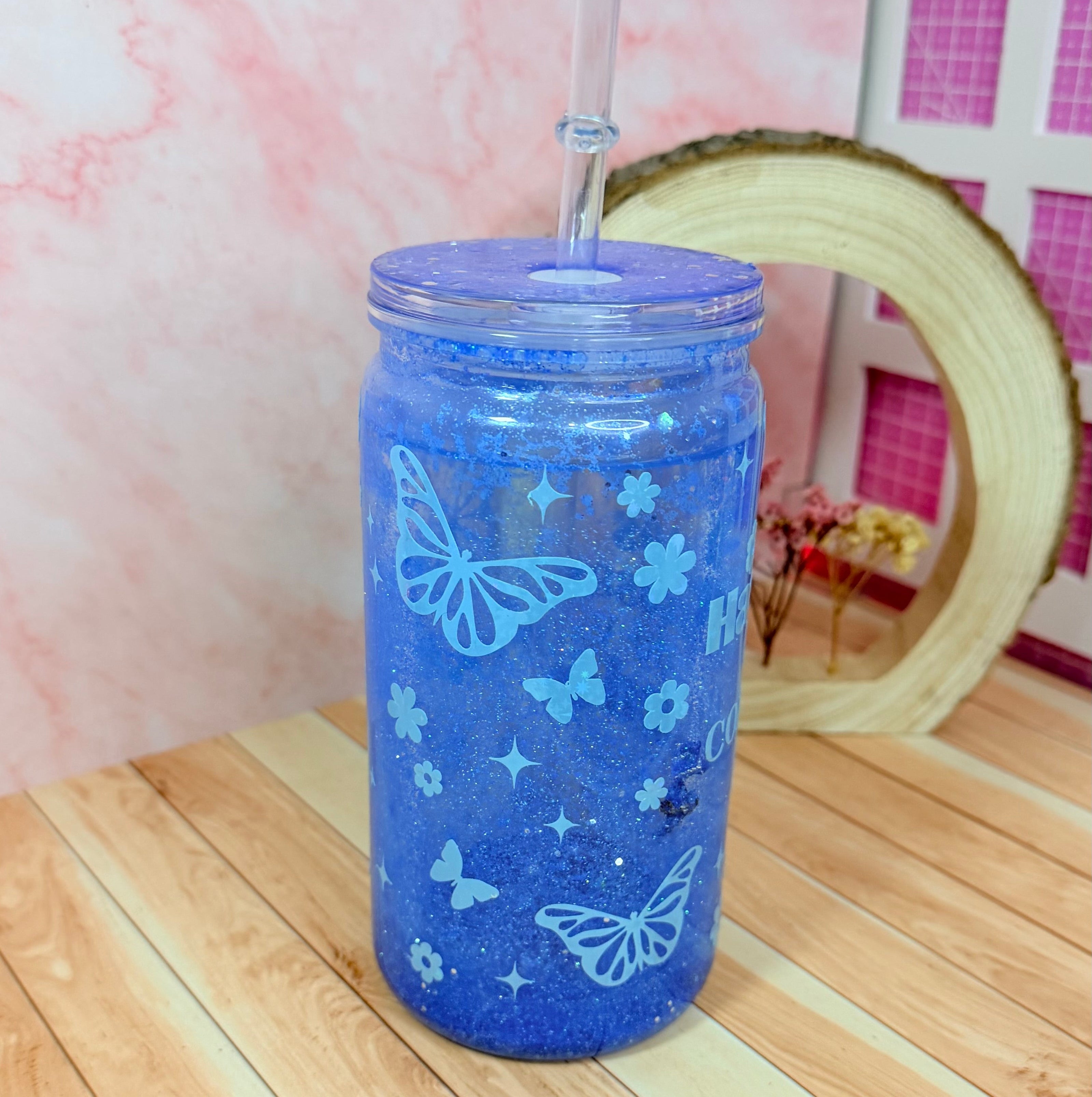 Vaso snowglobe azul “hagamos las cosas”